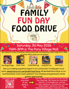 Colorful poster for AmeriTitle Family Fun Day Food Drive with date, time, and location at The Pony Village Mall.