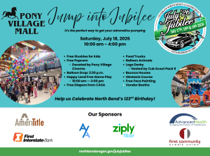 Promotional flyer for Pony Village Mall 'Jump into Jubilee' event with event photo, logos, and date details on a turquoise background.